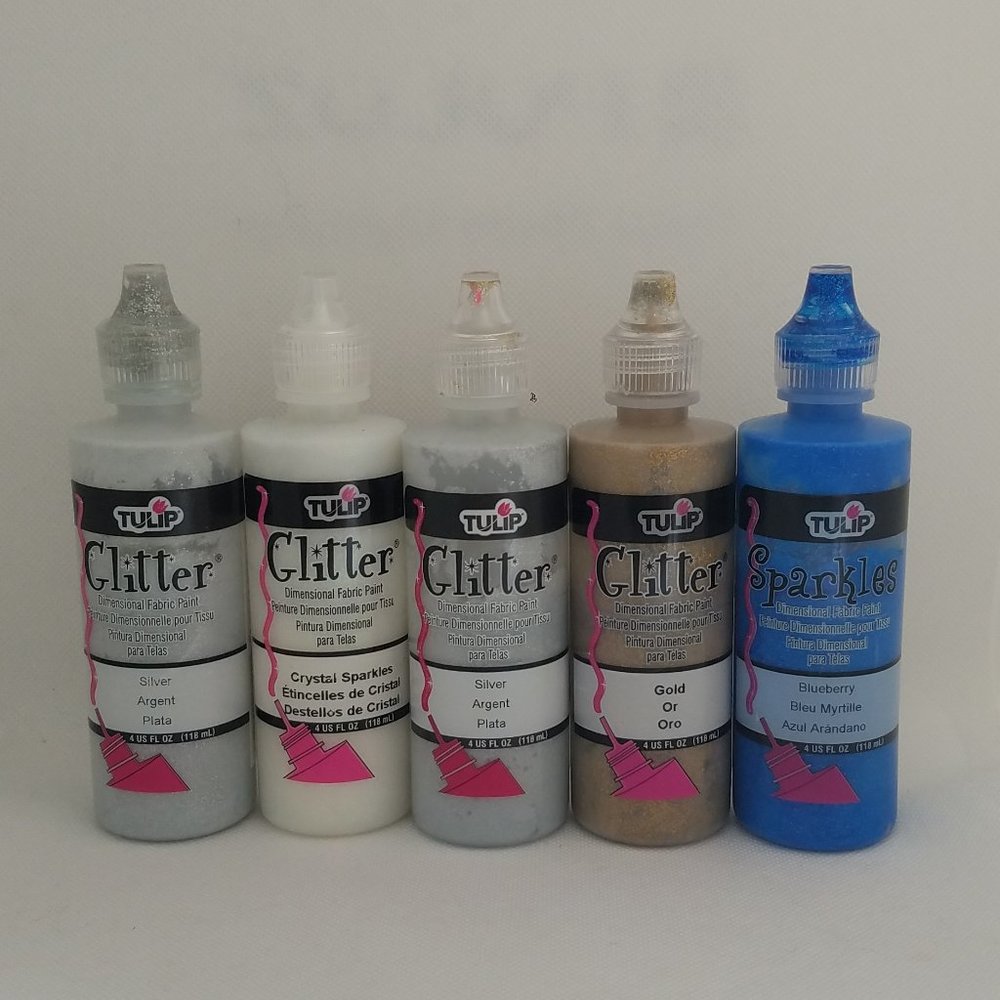 Tulip Fabric Glitter Paint 4 oz 5 Pack of Two Silver, Crystal, Gold & Blueberry
